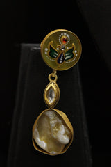 Baroque Pearl Natural Gemstones Embedded Statement Meenakari Work and Kundan Stones Pendant Elaborate Ethnic Necklace Set
