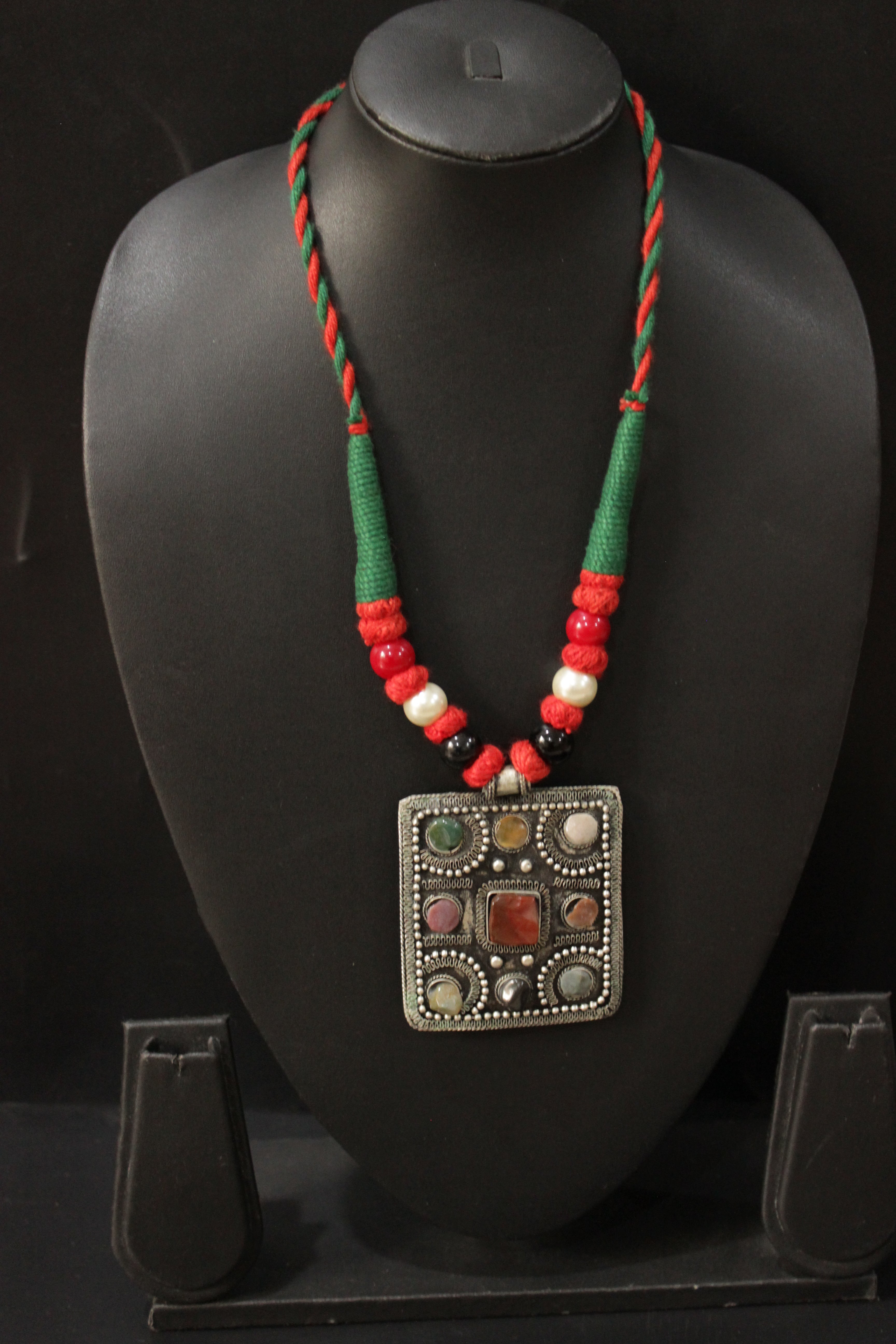 Natural Stones Embedded Oxidised Finish Afghani Pendant Braided Threads Necklace Set
