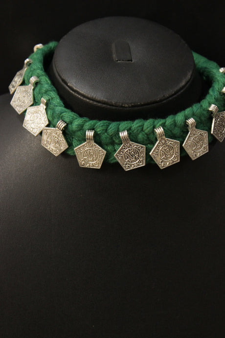 Green Braided Threads Metal Charms Necklace