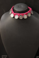 Braided Pink Threads Stamped Metal Coin Charms Necklace