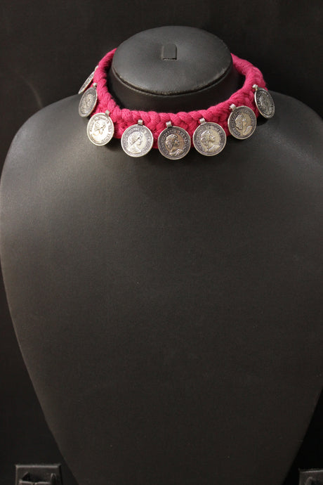 Braided Pink Threads Stamped Metal Coin Charms Necklace