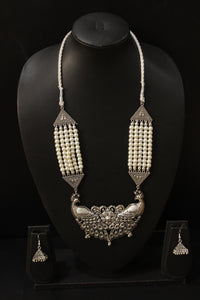 Statement Peacock Pendant Stringed White Beads Necklace Set
