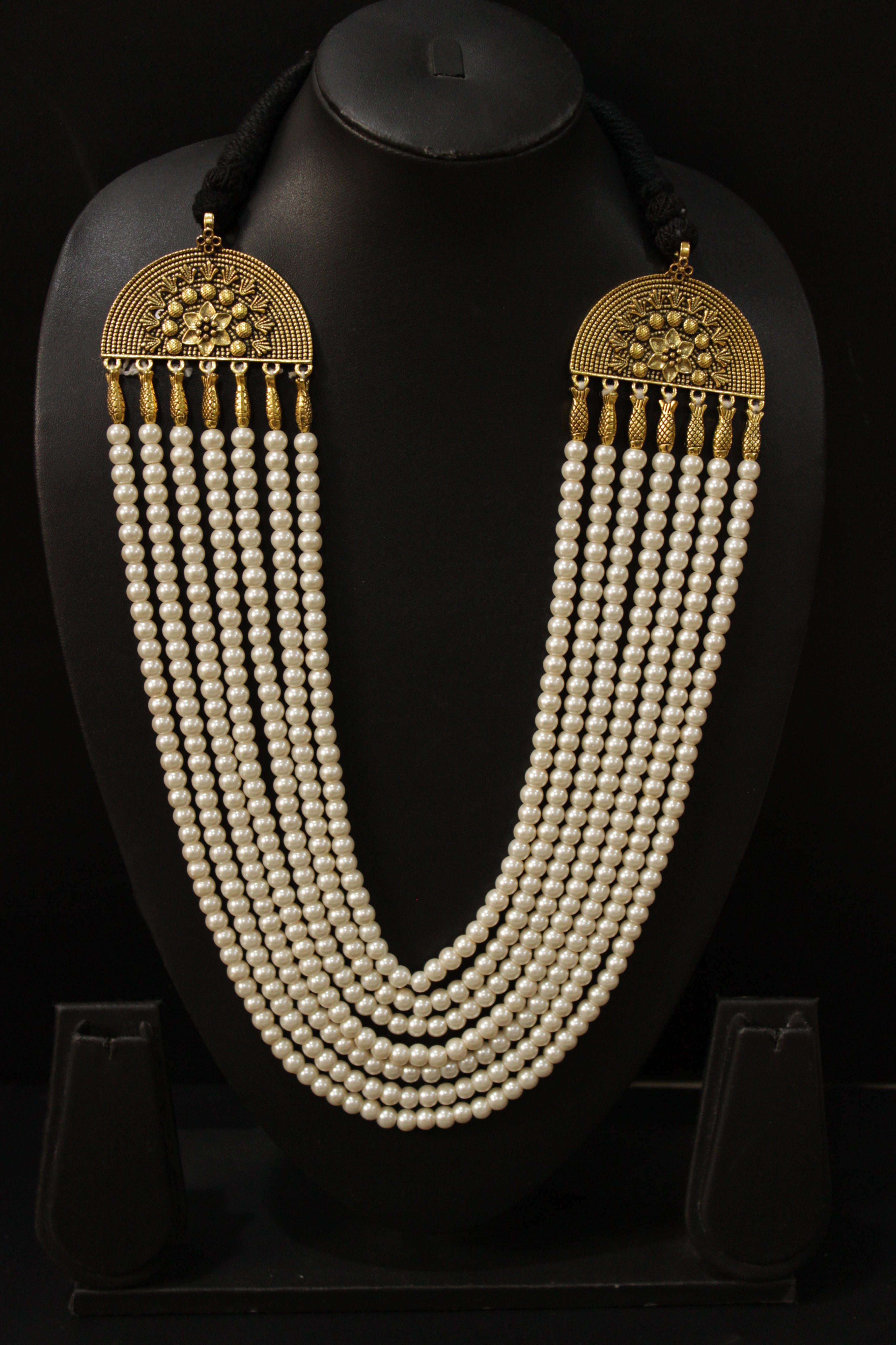 Multi-Layer Stringed Pearls Antique Gold Finish Necklace