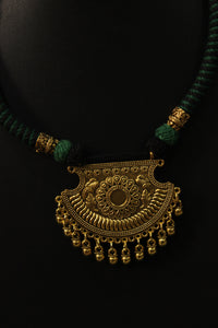 Antique Gold Finish Metal Pendant Green Braided Threads Necklace