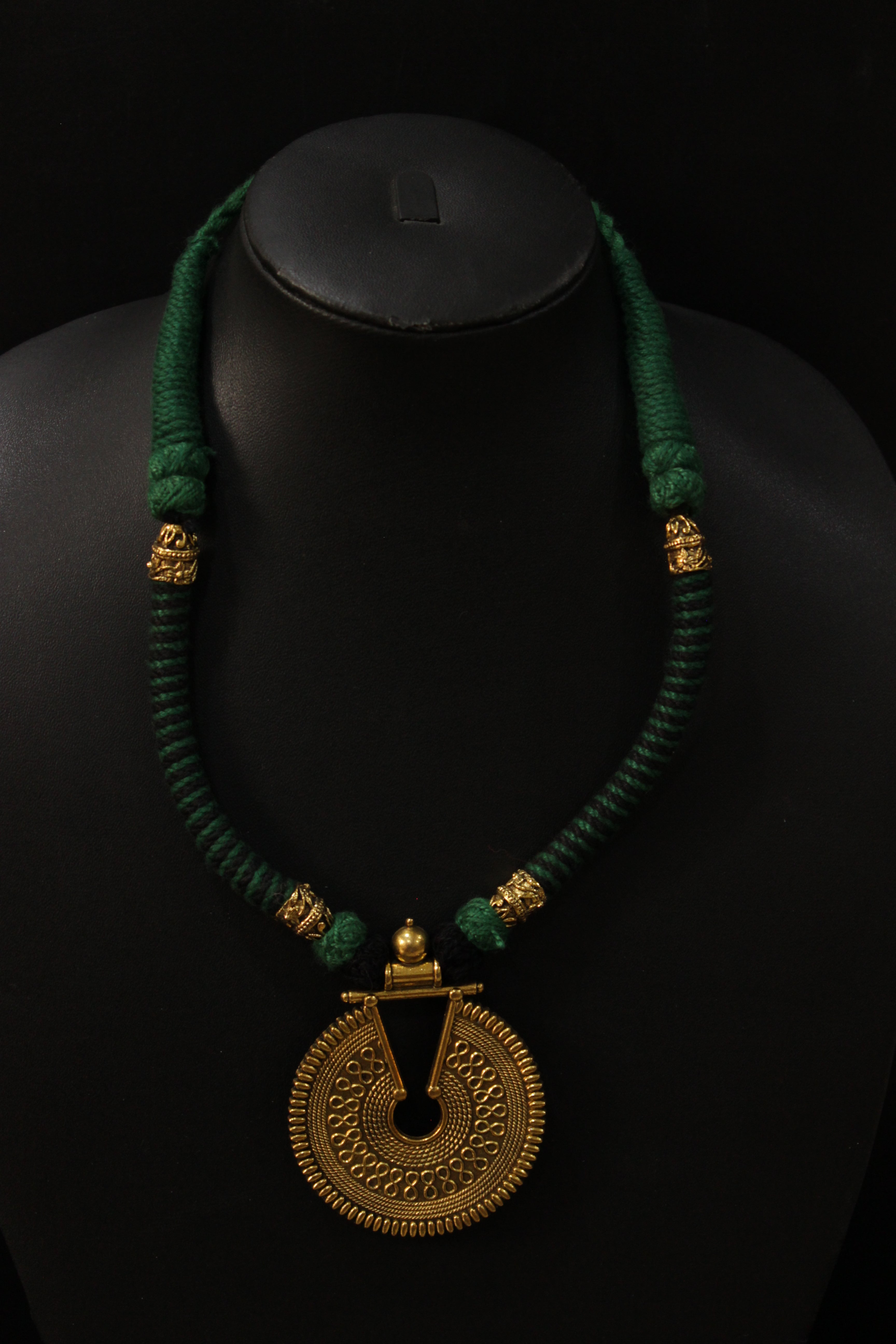 Antique Gold Finish Green Braided Threads Necklace