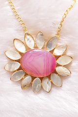 Pink Center Stone Natural Gemstones Embedded Flower Shape Statement Pendant Gold Finish Chain Necklace Set