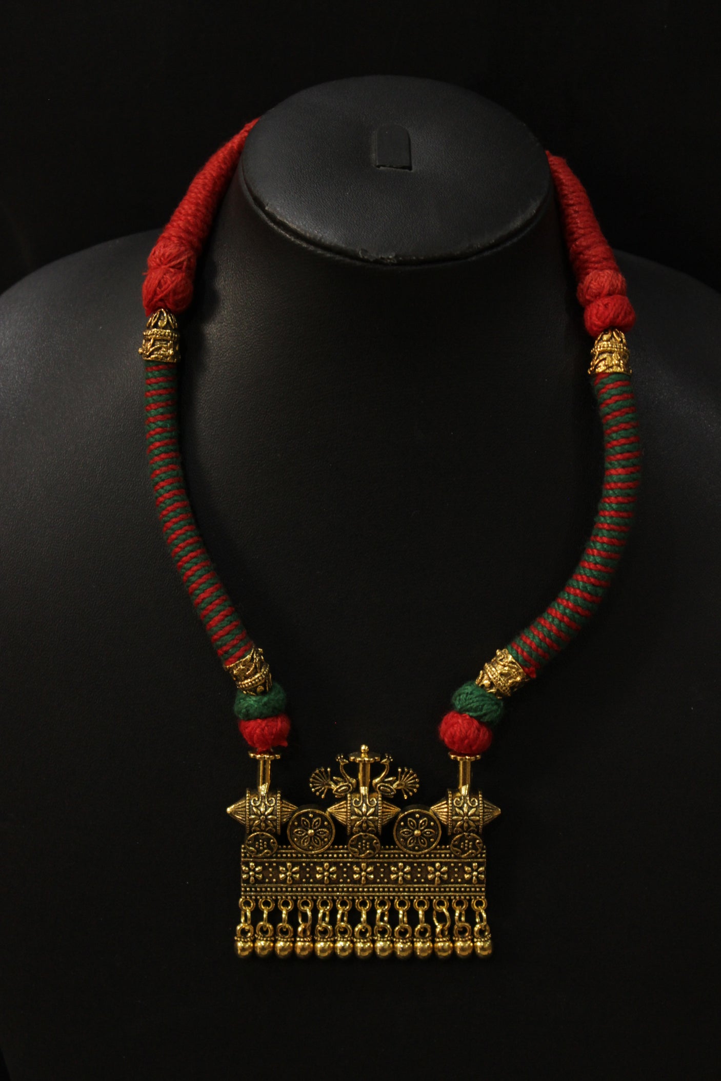 Antique Gold Finish Metal Pendant Braided Threads Necklace