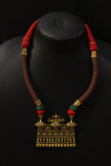 Antique Gold Finish Metal Pendant Braided Threads Necklace