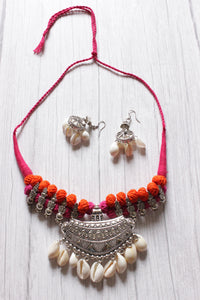 Pink and Orange Fabric Beads Shells Embellished Choker Necklace Set