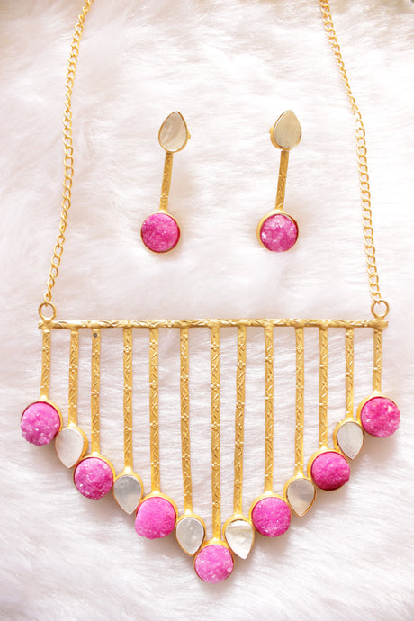 Pink & White Raw Natural Gemstones Embedded Gold Finish Wedding Bar Necklace Set