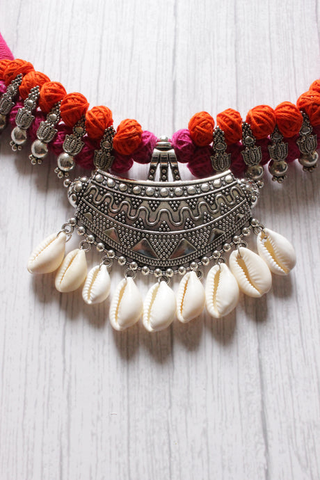 Pink and Orange Fabric Beads Shells Embellished Choker Necklace Set