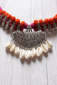 Pink and Orange Fabric Beads Shells Embellished Choker Necklace Set