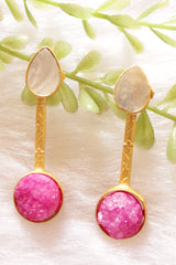 Pink & White Raw Natural Gemstones Embedded Gold Finish Wedding Bar Necklace Set