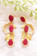Pink Sugar Druzy Natural Gemstones Embedded Tear Drop Gold Finish Dangler Earrings