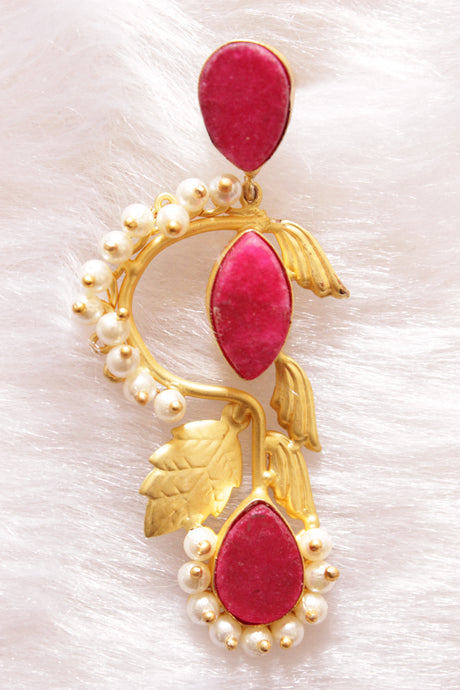 Pink Sugar Druzy Natural Gemstones Embedded Tear Drop Gold Finish Dangler Earrings