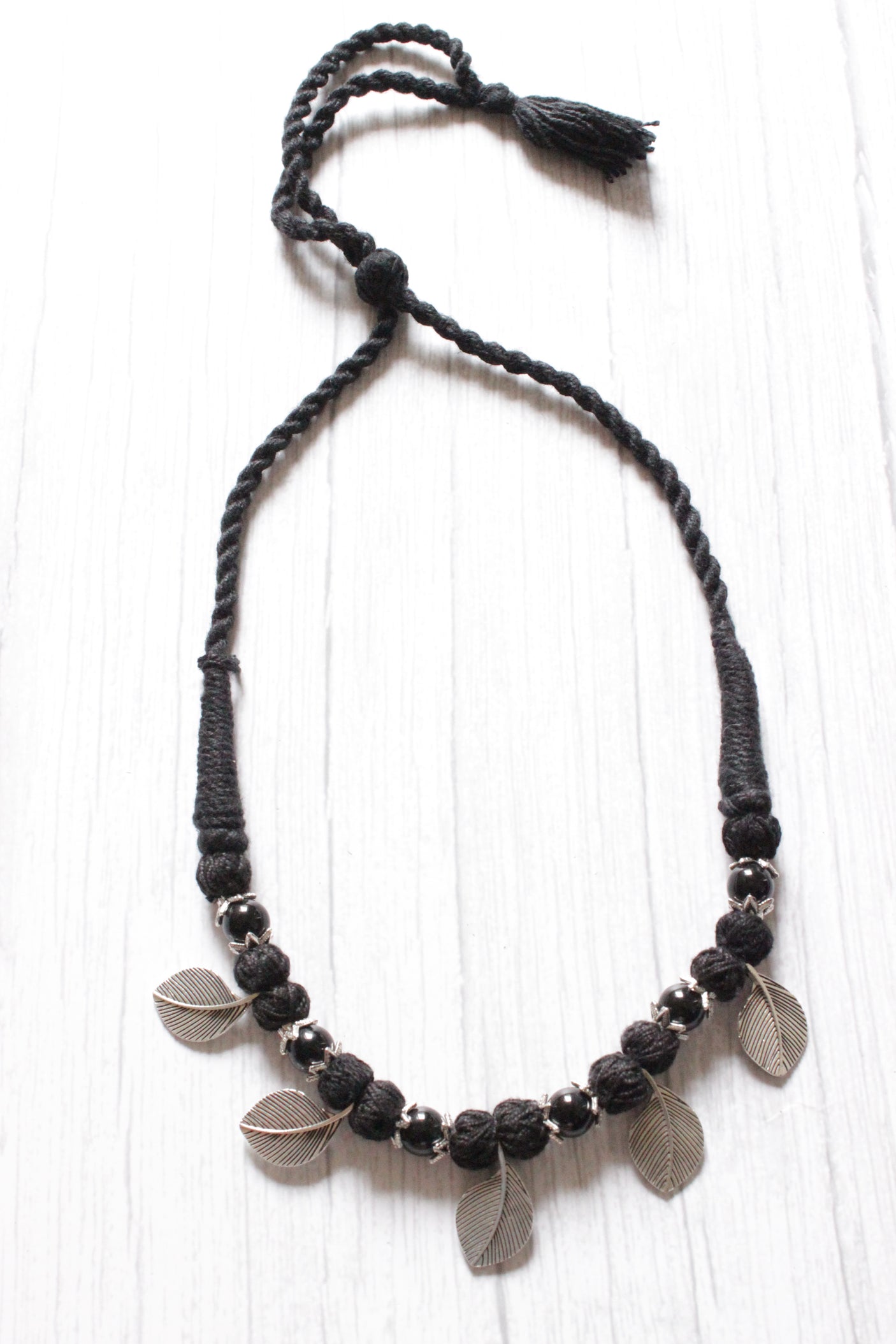 Delicate Leaf Charms Fabric Beads Black Thread Braided Necklace