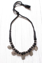 Delicate Leaf Charms Fabric Beads Black Thread Braided Necklace