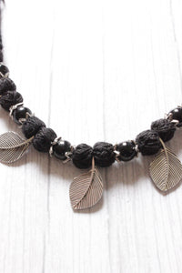 Delicate Leaf Charms Fabric Beads Black Thread Braided Necklace
