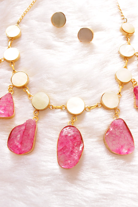 Pink and Ivory Raw Natural Gemstones Embedded Gold Finish Brass Necklace Set with Stud Earrings