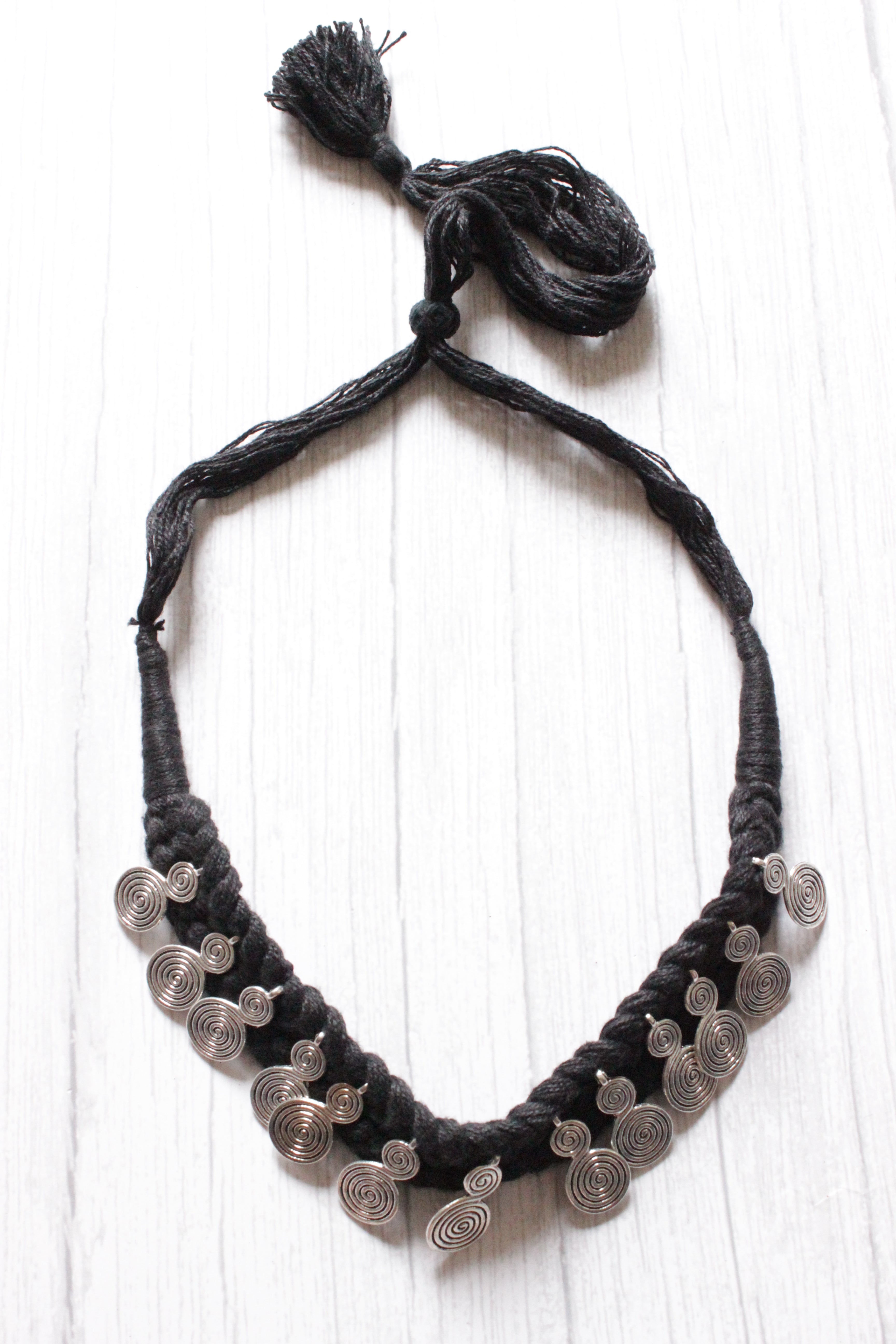 Metal Charms Embellished Black Braided Threads Necklace
