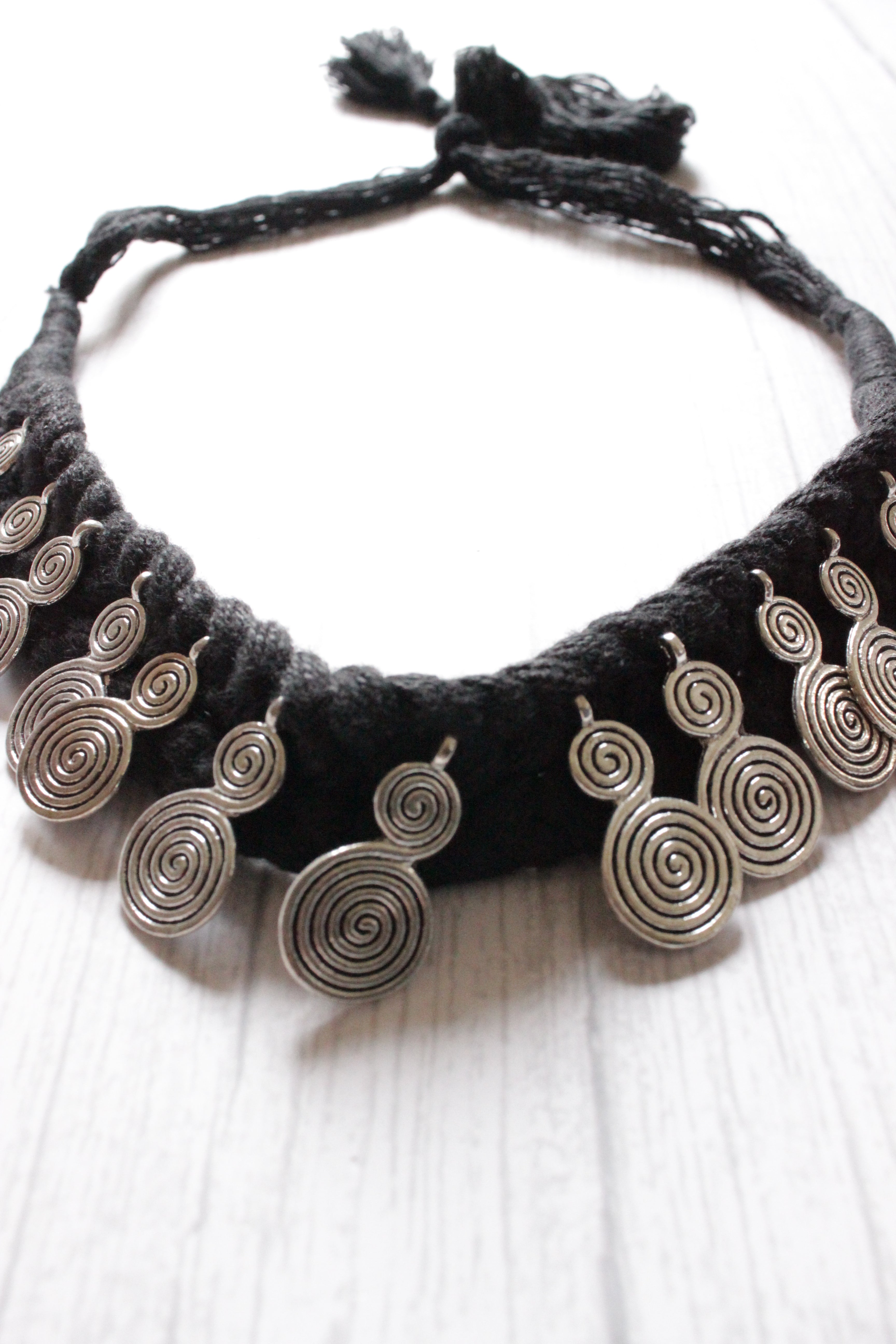 Metal Charms Embellished Black Braided Threads Necklace