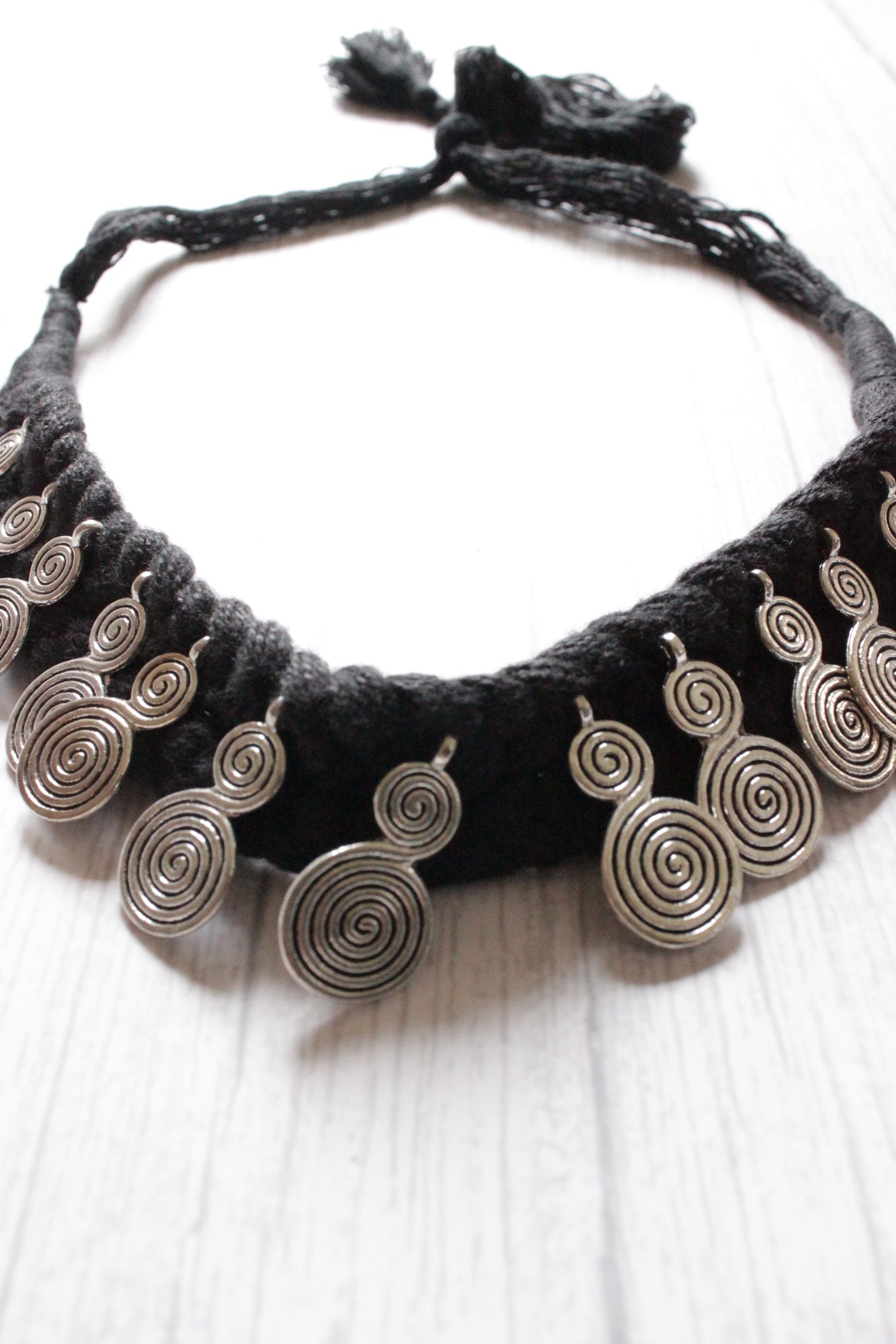 Metal Charms Embellished Black Braided Threads Necklace