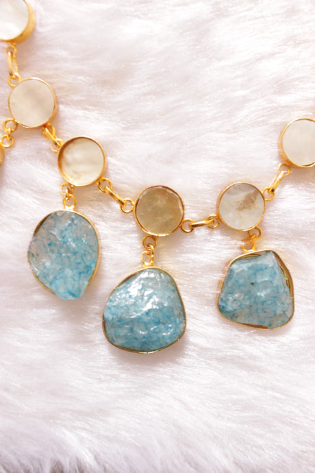 Sea Blue and Ivory Raw Natural Gemstones Embedded Necklace Set with Stud Earrings