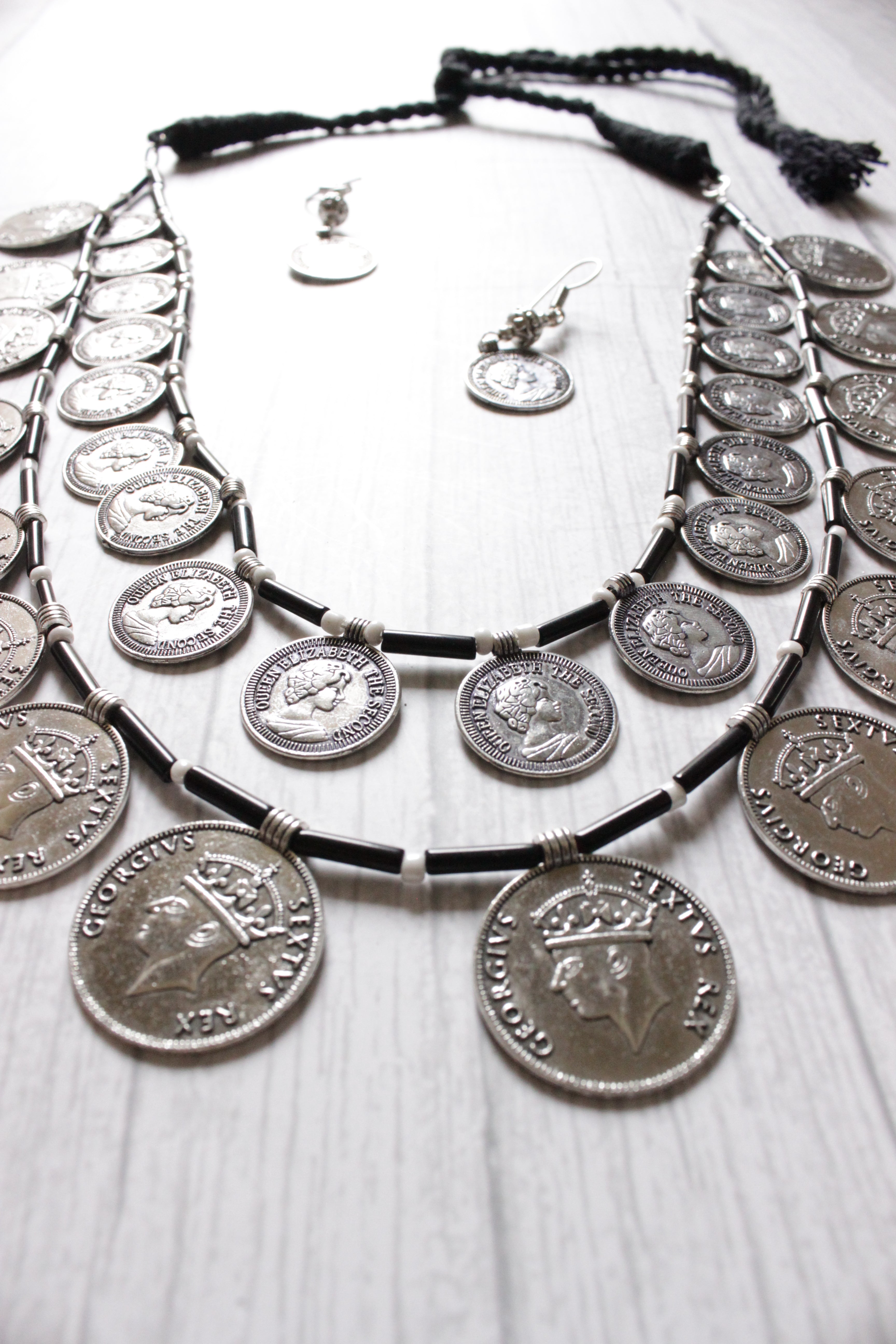 Vintage Stamped Coins Glass Beads Necklace Set