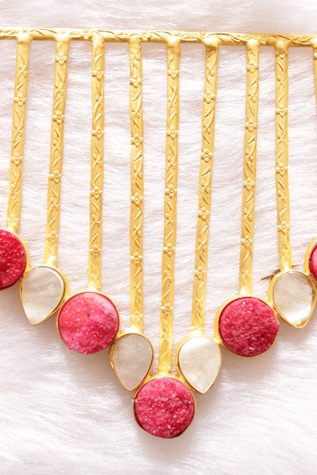 Fuchsia & White Raw Natural Gemstones Embedded Gold Finish Wedding Bar Necklace Set