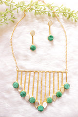 Sea Green & White Raw Natural Gemstones Embedded Gold Finish Wedding Bar Necklace Set