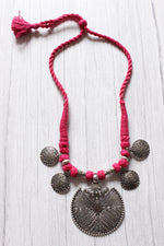 Load image into Gallery viewer, Intricately Detailed Metal Pendant and Charms Pink Thread Braided Necklace
