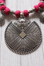 Load image into Gallery viewer, Intricately Detailed Metal Pendant and Charms Pink Thread Braided Necklace
