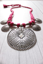 Load image into Gallery viewer, Intricately Detailed Metal Pendant and Charms Pink Thread Braided Necklace
