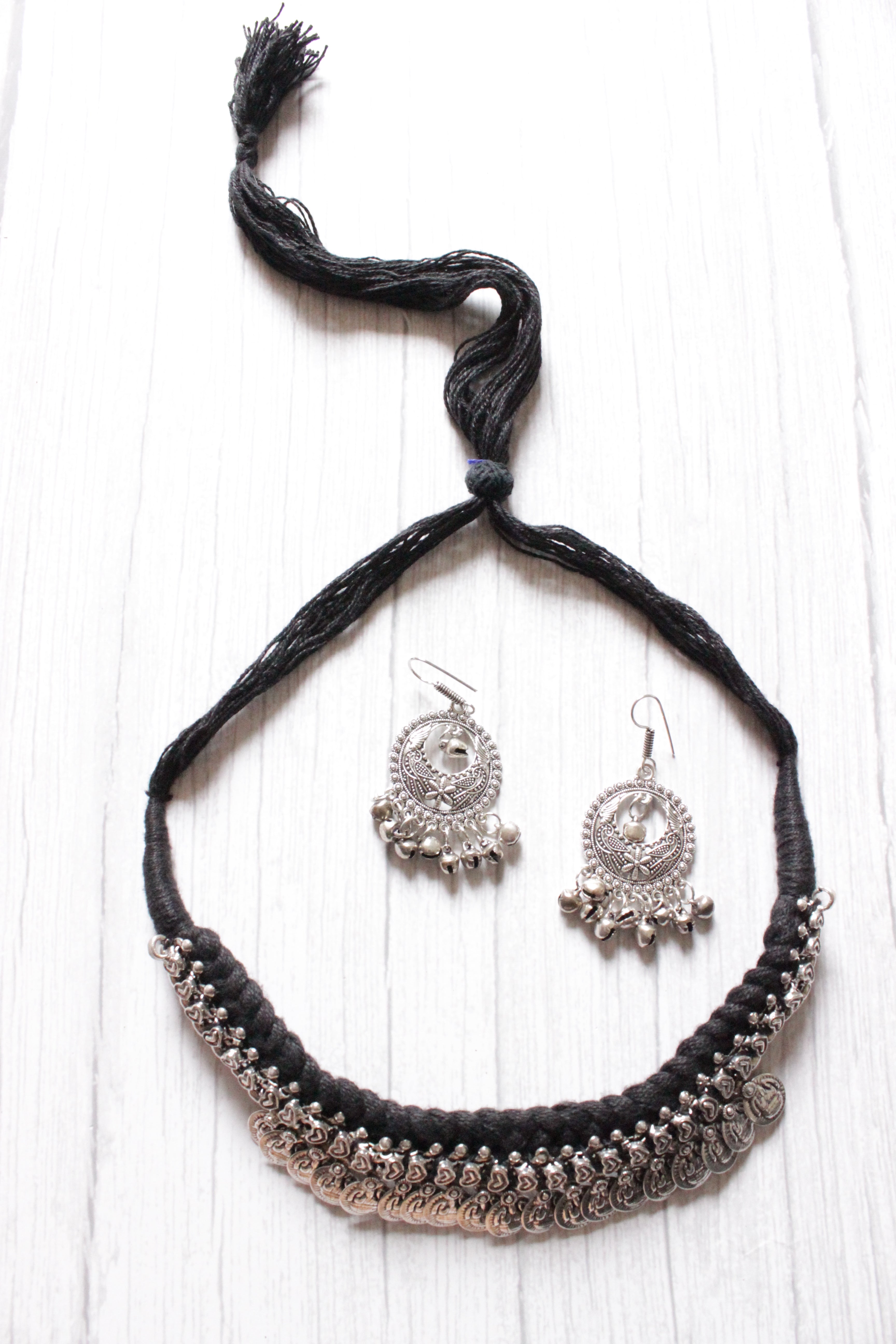 Braided Black Threads Stamped Metal Charms Choker Necklace Set