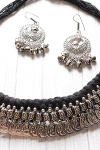 Braided Black Threads Stamped Metal Charms Choker Necklace Set