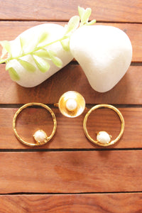 Set of 3 White Pearls Embedded Gold Finish Brass Stud Earrings and Adjustable Finger Ring