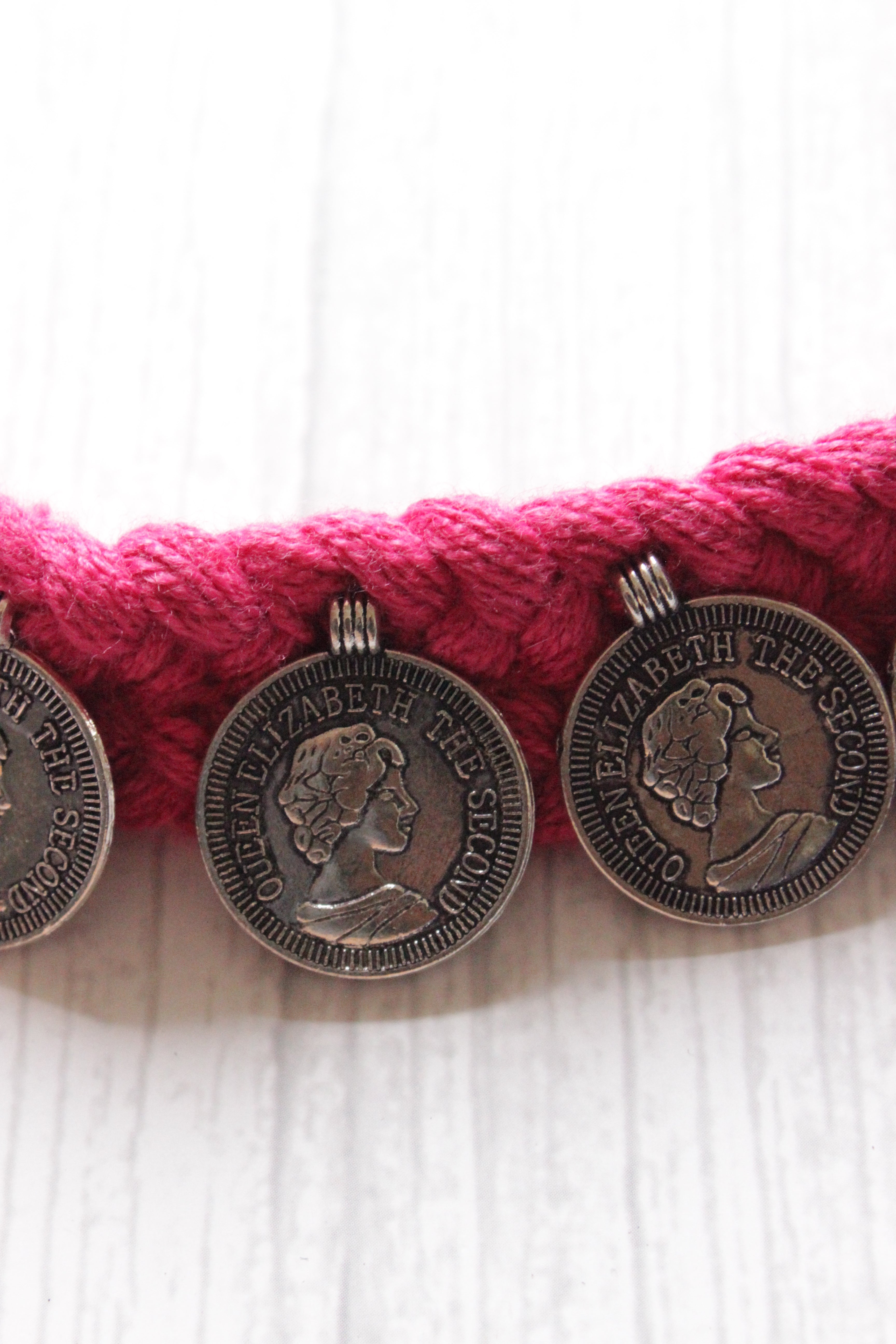 Braided Pink Threads Stamped Metal Coin Charms Necklace