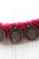 Load image into Gallery viewer, Braided Pink Threads Stamped Metal Coin Charms Necklace
