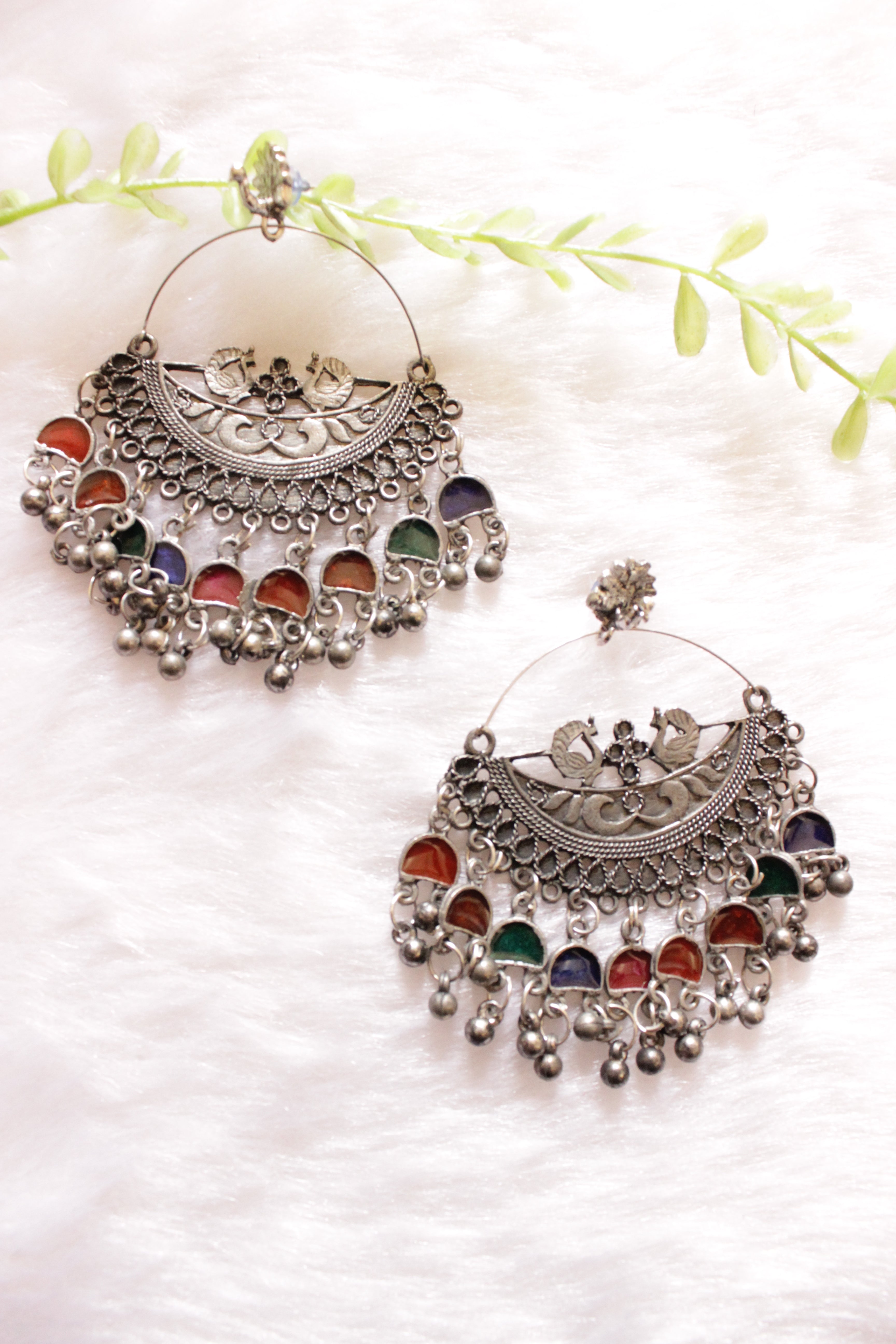 Multi-Color Enamel Painted Oxidised Finish Afghani Chandbali Earrings