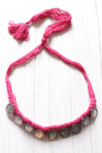 Braided Pink Threads Stamped Metal Coin Charms Necklace