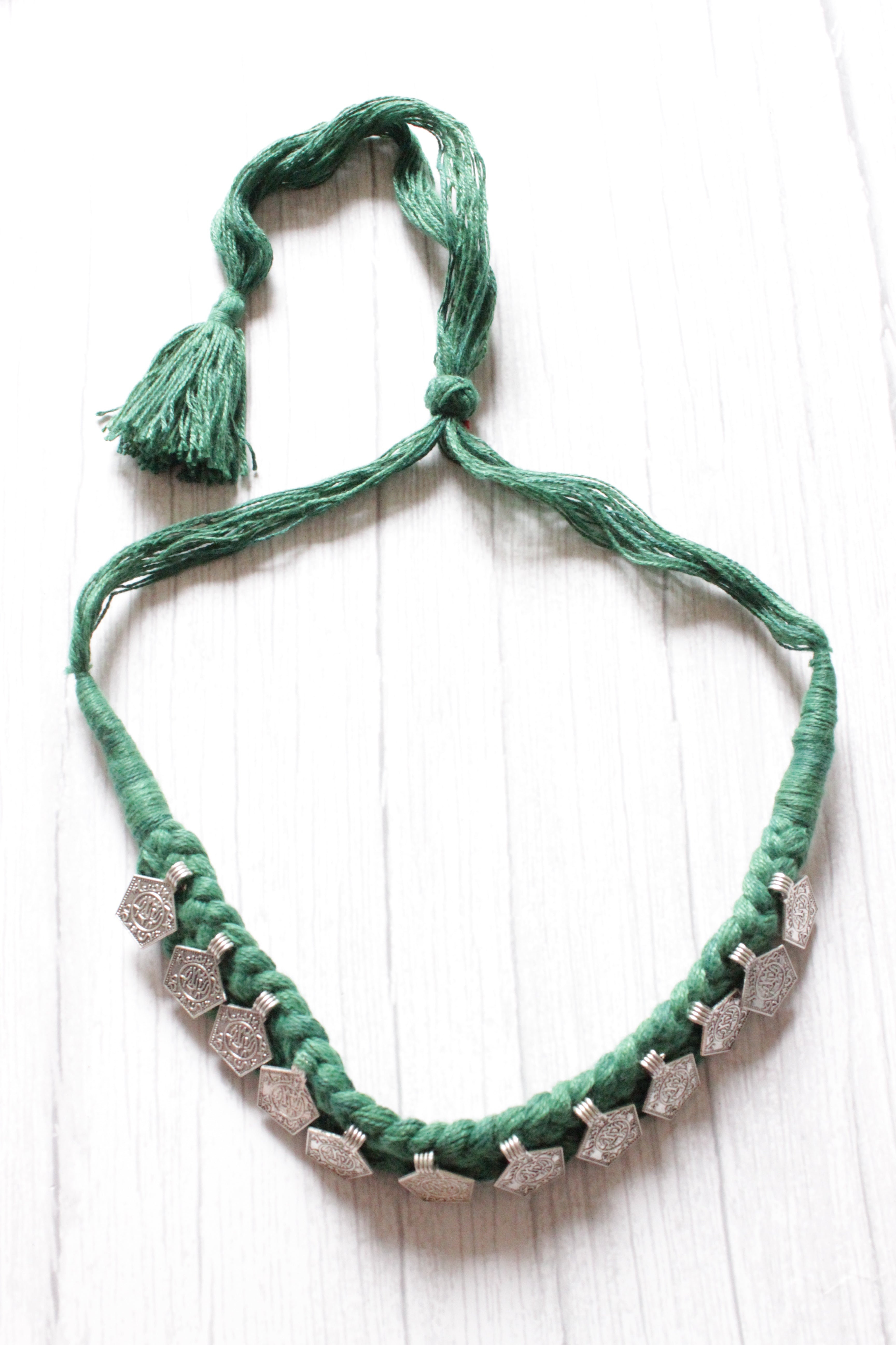 Green Braided Threads Metal Charms Necklace