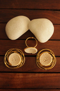Set of 3 White Hand Beaded Gold Finish Brass Stud Earrings and Adjustable Finger Ring