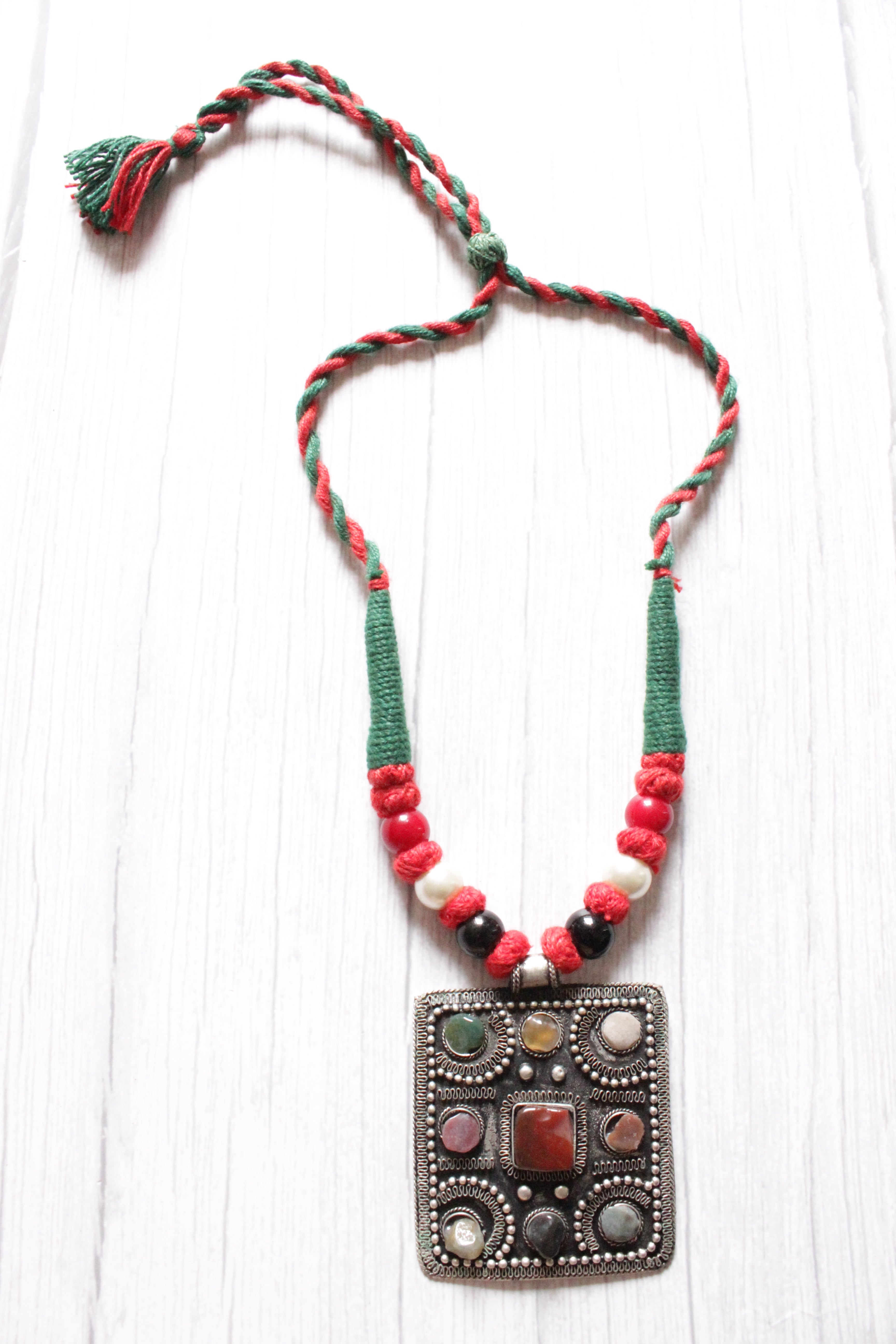 Natural Stones Embedded Oxidised Finish Afghani Pendant Braided Threads Necklace Set