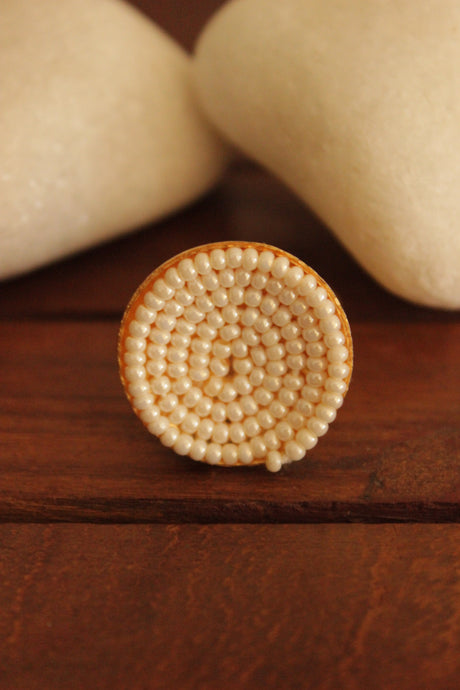 Set of 3 White Hand Beaded Gold Finish Brass Stud Earrings and Adjustable Finger Ring