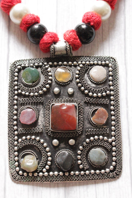 Natural Stones Embedded Oxidised Finish Afghani Pendant Braided Threads Necklace Set