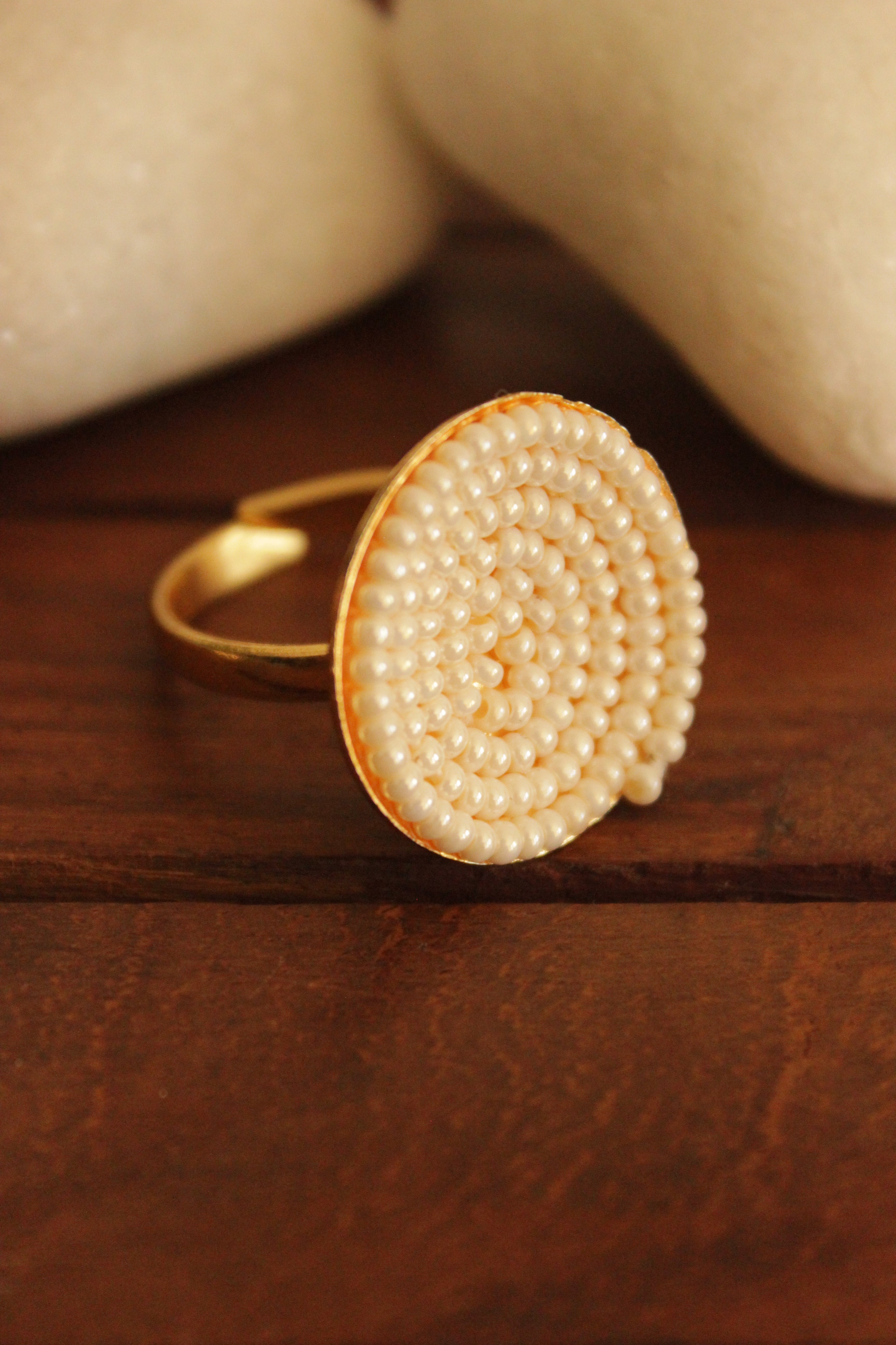 Set of 3 White Hand Beaded Gold Finish Brass Stud Earrings and Adjustable Finger Ring