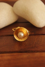Load image into Gallery viewer, Set of 3 White Pearls Embedded Gold Finish Brass Stud Earrings and Adjustable Finger Ring

