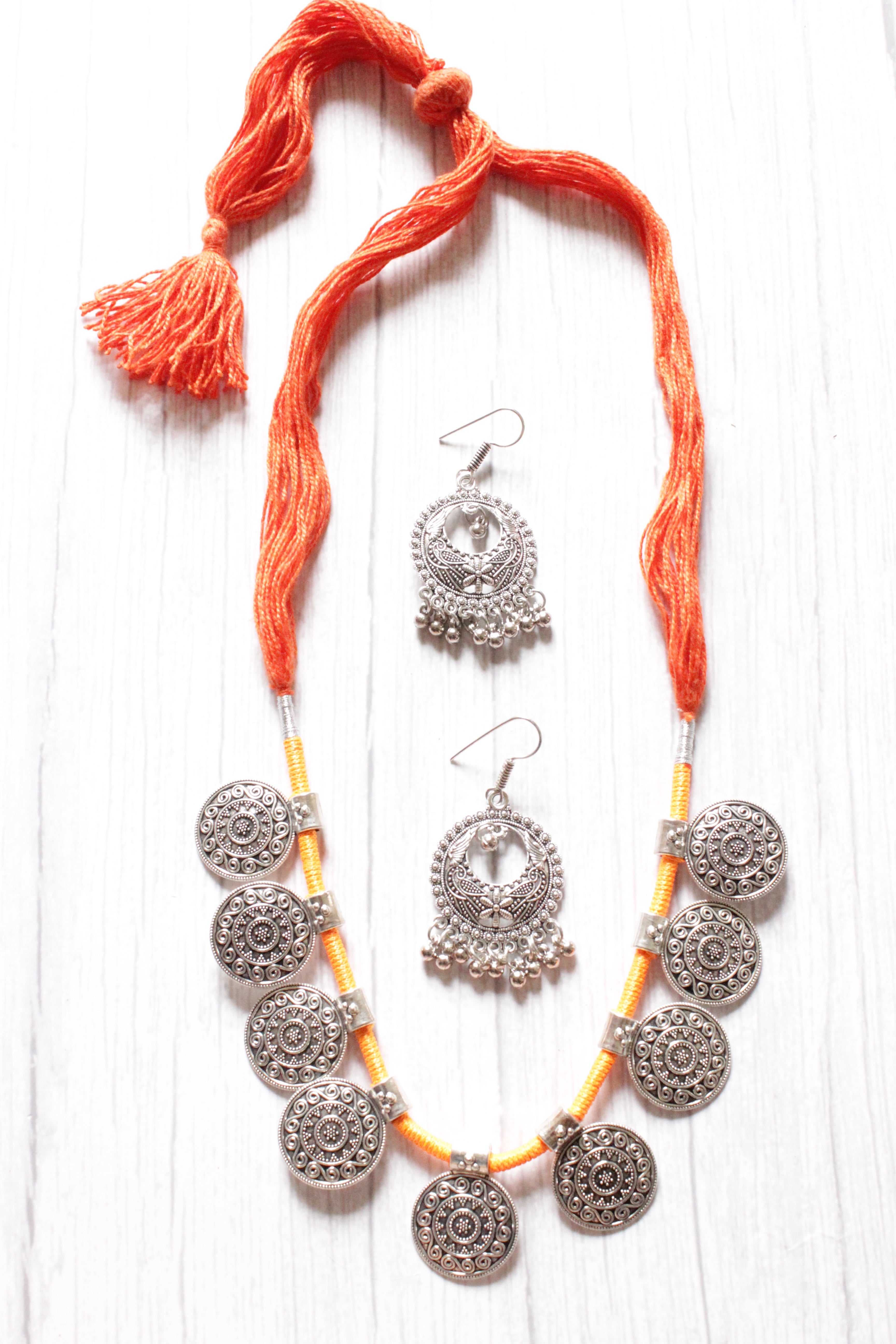 Orange Braided Threads Round Metal Charms Choker Necklace Set