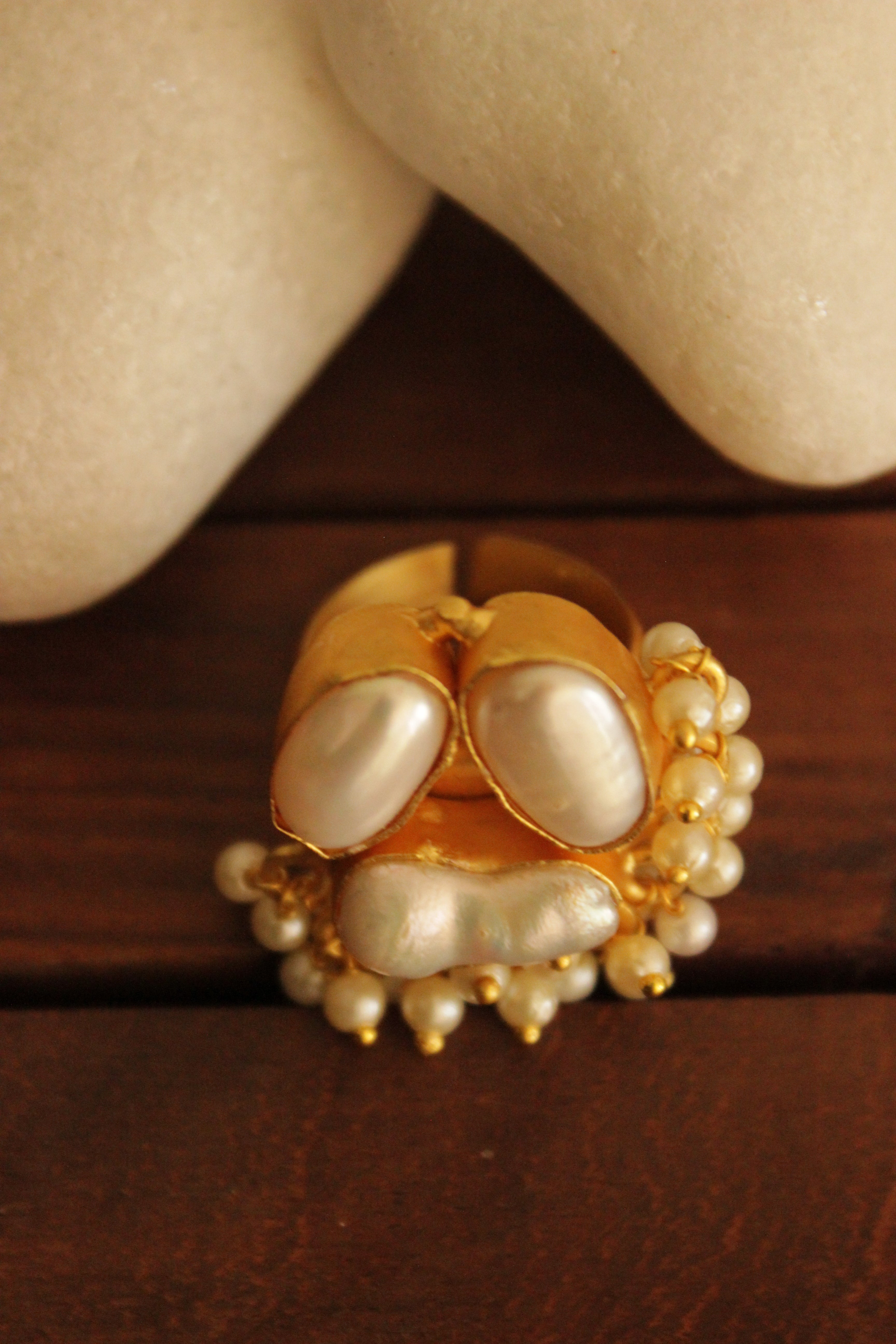 Baroque Pearl Natural Gemstone Gold Finish Adjustable Finger Ring Accentuated with White Beads