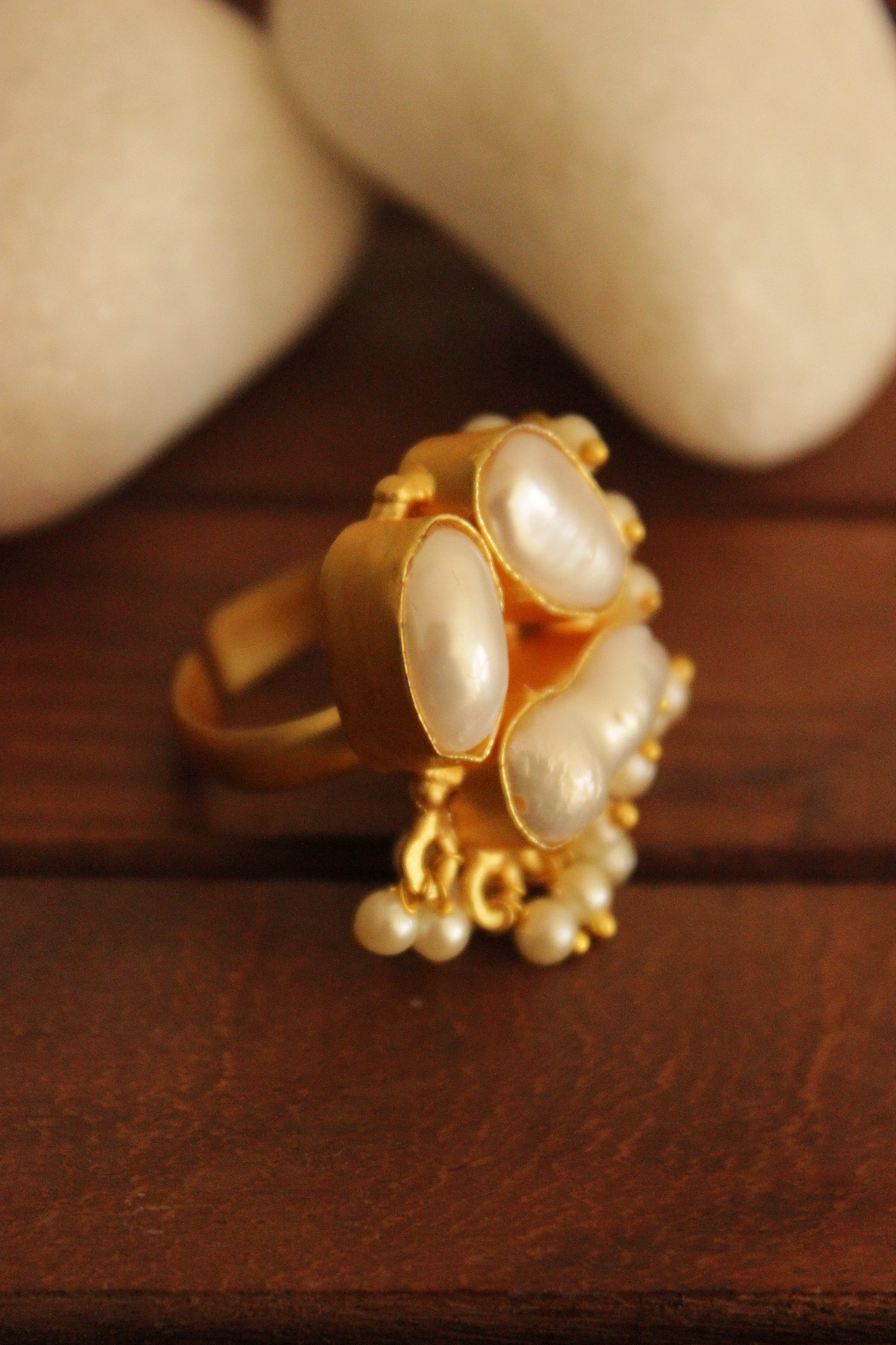 Baroque Pearl Natural Gemstone Gold Finish Adjustable Finger Ring Accentuated with White Beads